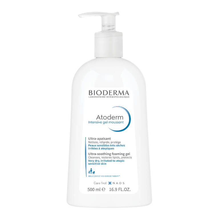 A bottle of Bioderma - Atoderm Intensive Foaming Gel Pump 500ml with aloe vera on a white background.