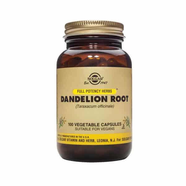 A bottle of Solgar - Herbal Products - Dandelion Root 520mg Vegicaps - Size: 100.