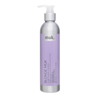 A bottle of Blonde muk Toning Shampoo on a white background.