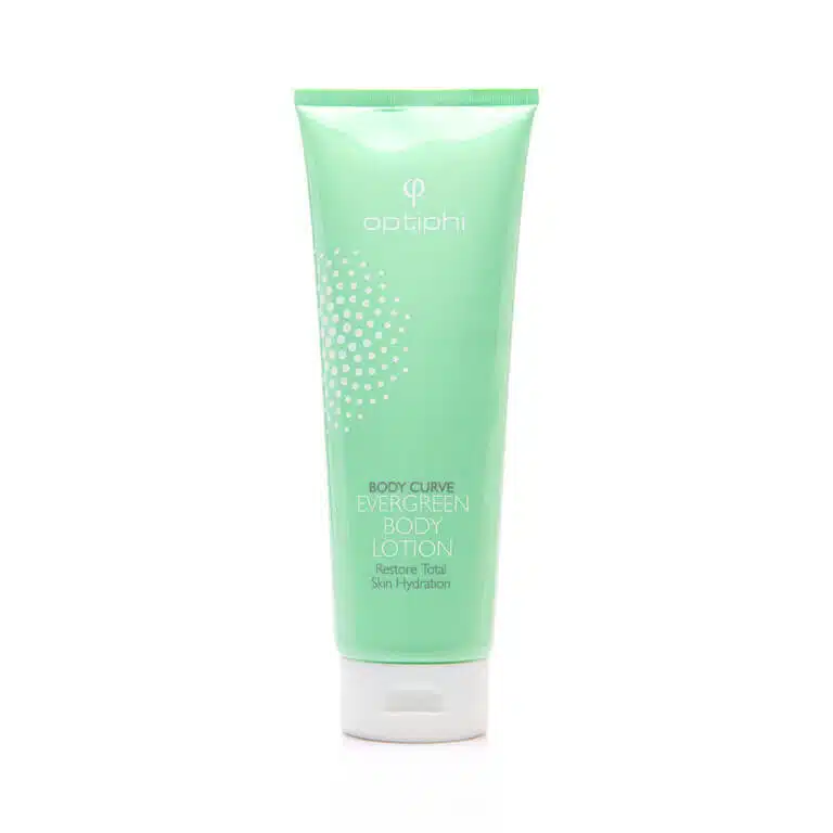 A tube of Optiphi - Body Curve - Curve Body Lotion 420ml - Evergreen on a white background.