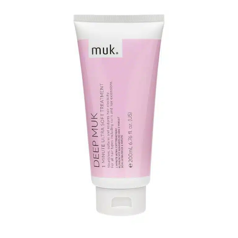 A tube of deep pink Muk - Haircare - Deep muk 1 Minute Treatment 200ml face mask.