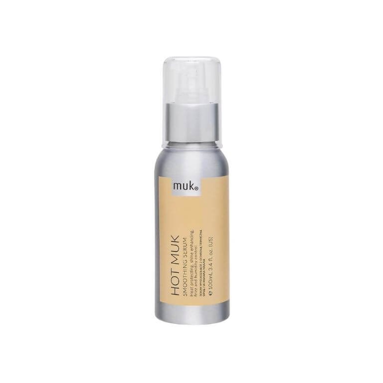 A bottle of Hot Muk Smoothing Serum on a white background from Muk.