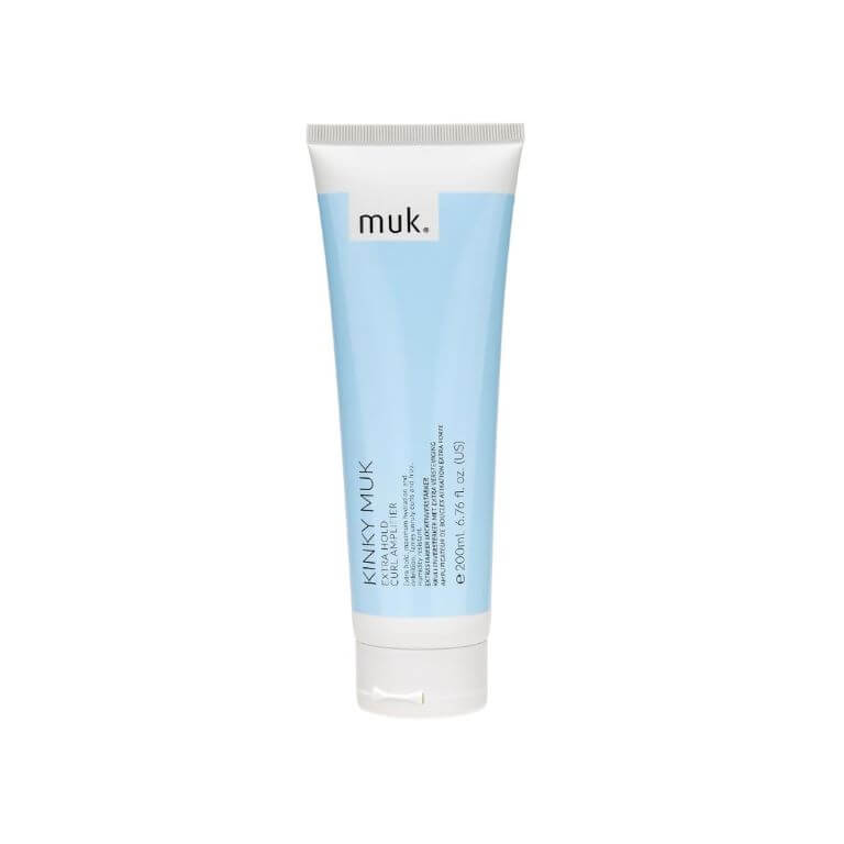 A tube of moisturizing cream on a white background, with Muk - Styling - Kinky muk Extra Hold Curl Amplifier 200ml.