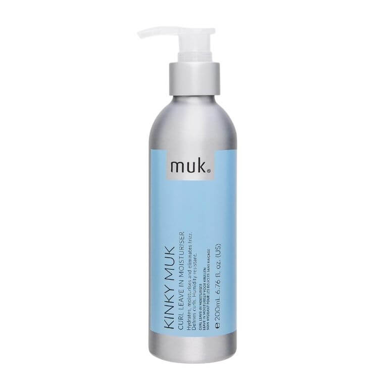A bottle of Kinky muk Leave In Moisturiser 200ml with a blue bottle.