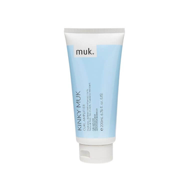 A tube of moisturizing cream with Kinky muk Curl Amplifier on a white background.