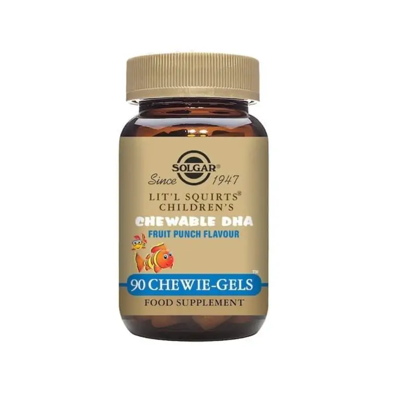 A bottle of Solgar - Essential Fatty Acids - Lit'l Squirts Chewable DHA - Size: 90 for children.
