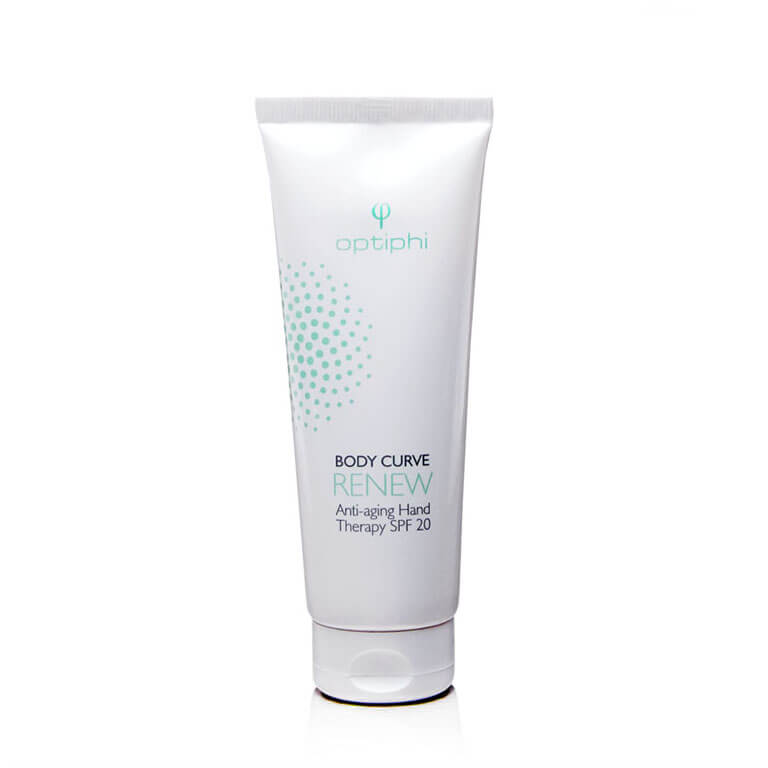 A tube of Optiphi - Body Curve - Renew Hand Therapy 75ml cream on a white background.