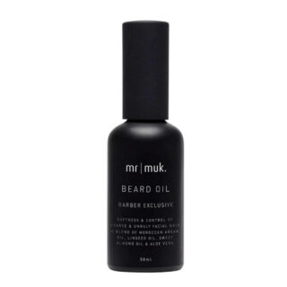 A bottle of Muk - Haircare - MR muk Beard Oil 50ml on a white background.