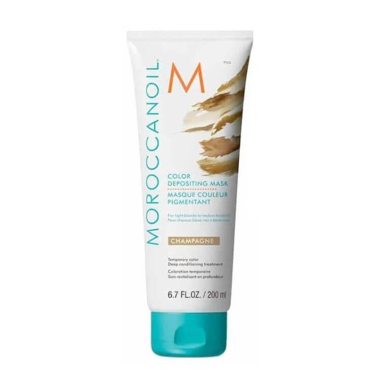 Moroccanoil sulfate free keratin treatment with Moroccanoil - Color Deposit Mask Champagne 200ml for added hydration and shine.