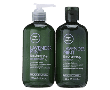 Two bottles of lavender mint shampoo and conditioner.