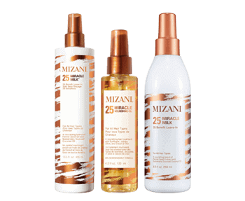 Mizani hair care set with a bottle of hair oil and a bottle of hair spray.