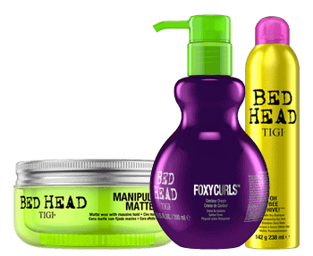 A bed head hair care set with a bottle of shampoo and conditioner.