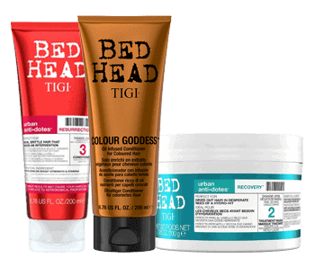 A bed head hair care kit with three tubes of shampoo, conditioner and mask.