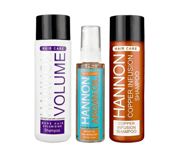 A set of hair care products with a bottle of volume and a bottle of sham from Hannon.