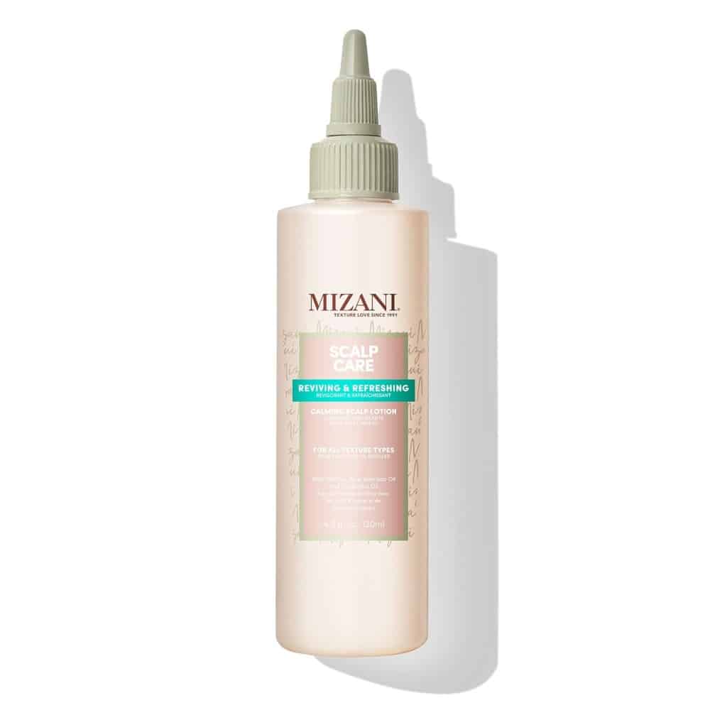 A bottle of Mizani Scalp Care Calming Scalp Lotion 120ml on a white background.