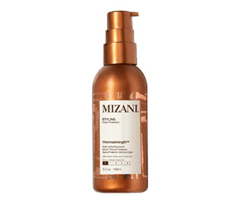 Mizani hair conditioner in a bottle on a black background.