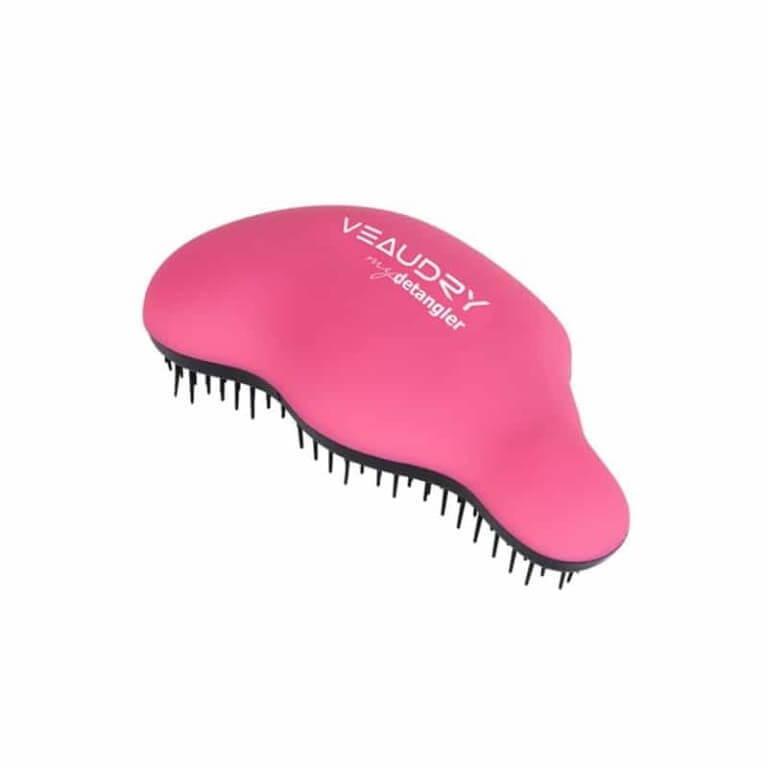 A pink hair brush with black bristles.