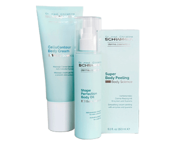 A bottle of Dr. Schrammek body cream and a tube of body lotion.