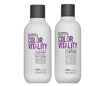 Two bottles of kms color vitality shampoo and conditioner.