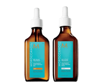 Two bottles of moroccan hair oil on a black background.