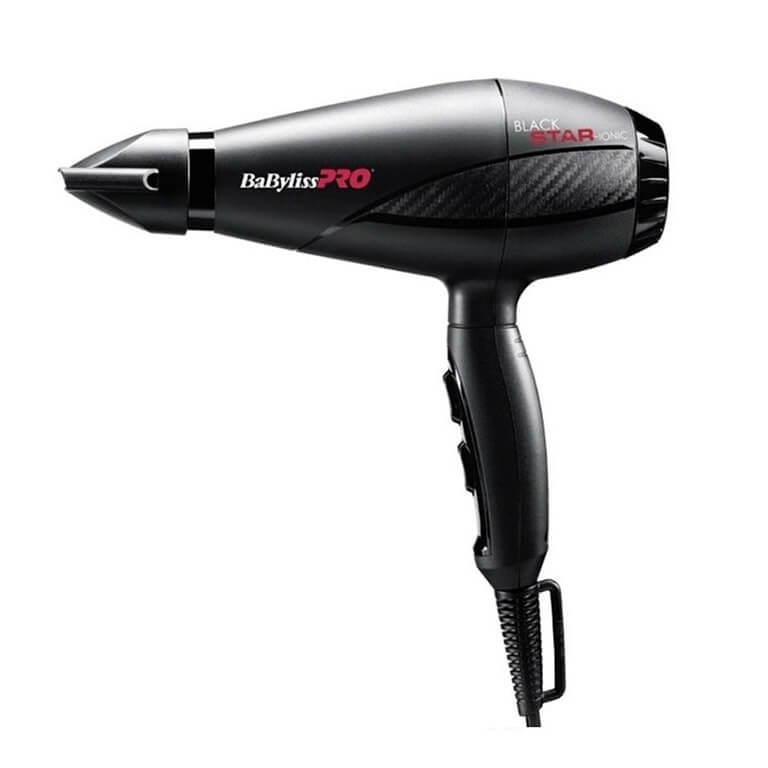 A BaBylissPro - Black Star Ionic 2200W hair dryer on a white background.