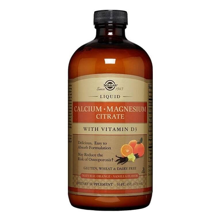 A bottle of Solgar - Minerals - Liquid Cal/Mag + D3 Orange/Vanilla elixir with vitamin D, Size: 473ml.