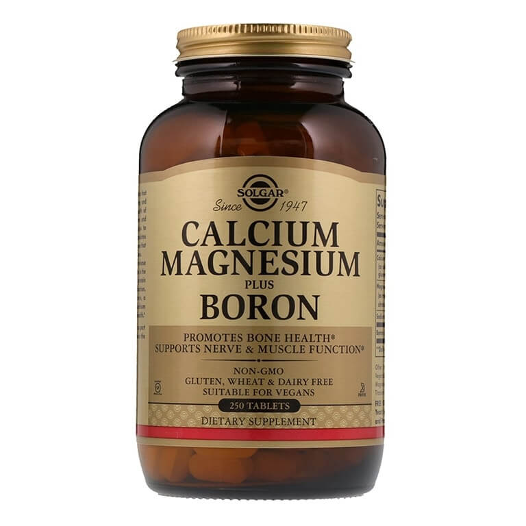 A bottle of Solgar - Minerals - Calcium Magnesium Plus Boron Tabs - Size: 250.