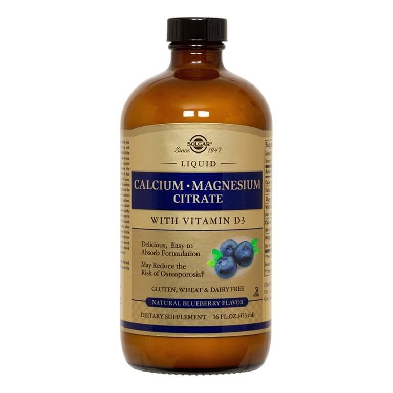 A bottle of Solgar - Minerals - Liquid Cal/Mag + D3 Blueberry - Size: 473ml with vitamin E.
