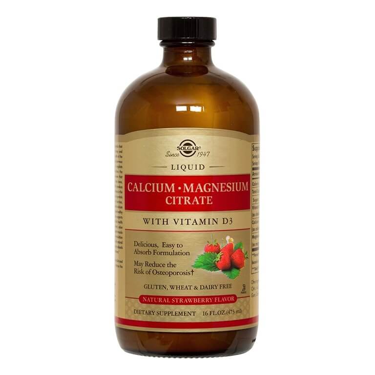 A bottle of California cranberry citric acid with Vitamin D and Solgar - Minerals - Liquid Cal/Mag + D3 Strawberry - Size: 473ml.