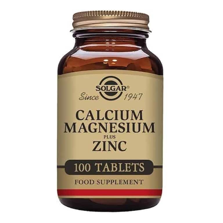 A bottle of Solgar - Minerals - Calcium Magnesium Plus Zinc Tabs - Size: 100 tablets.
