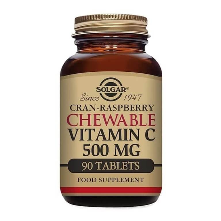 A bottle of Solgar - Vitamin C / Bioflavonoids - Chewable Vitamin C 500mg Cran-Raspberry - Size: 90.