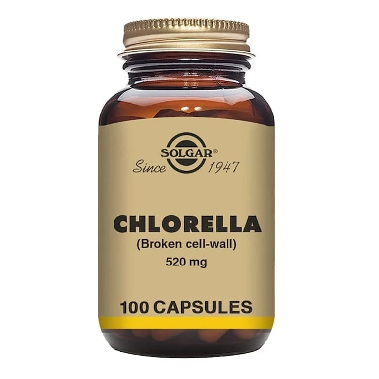 A bottle of Solgar - Herbal Products - Chlorella 520mg Vegicaps, Size: 100.