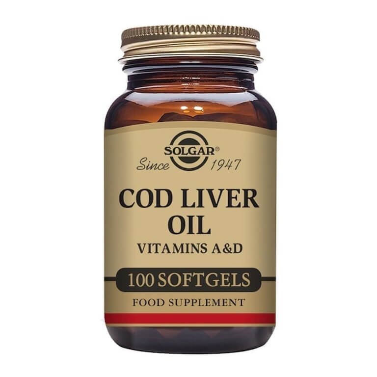 A bottle of Solgar - Vitamin A & D / Cod Liver Oil - One-a-day Norwegian Cod Liver Oil, Size: 100