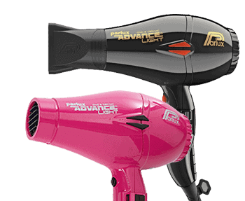Two pink and black hair dryers on a black background.