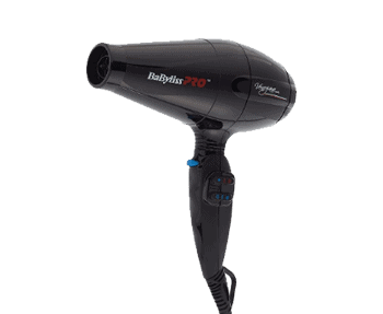 A BabylissPRO black hair dryer on a white background.