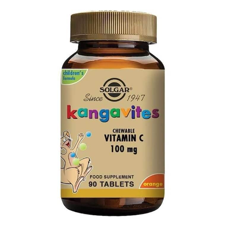 A bottle of Solgar Multi-Vitamins - Kangavites Vit C Zesty Orange - Size: 90 with vitamin c from Solgar.