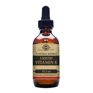 A bottle of Solgar - Natural Vitamin E - Liquid Vitamin E - Size: 59.2ml on a white background.