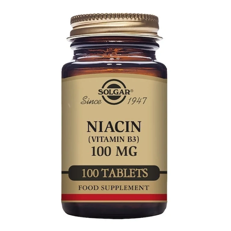 A bottle of Solgar - Vitamin B - Niacin Tabs 100mg - Size: 100.