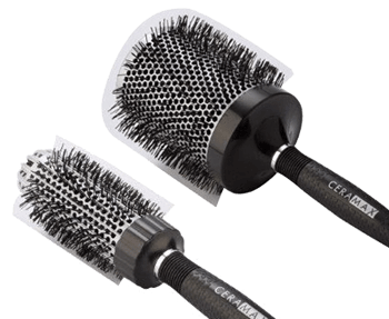 Two Ceramax hair brushes on a black background.