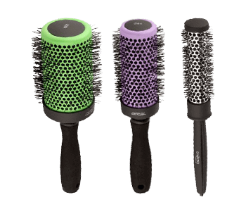 Three hair brushes on a black background.