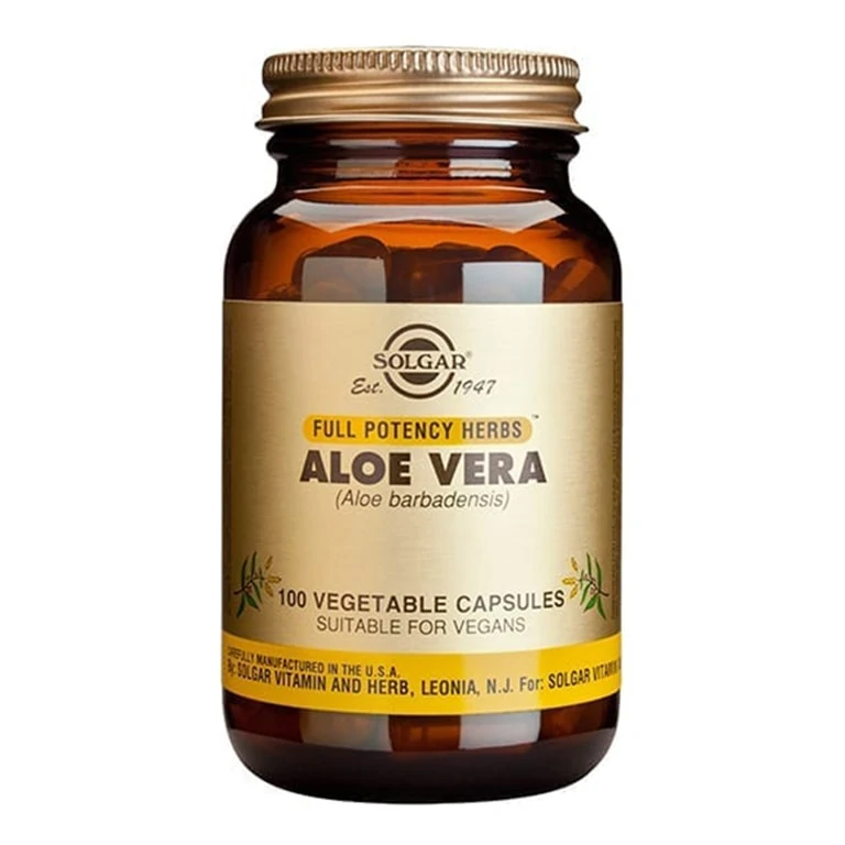 A bottle of Solgar - Herbal Products - Aloe Vera Leaf 520mg Vegicaps - Size: 100.