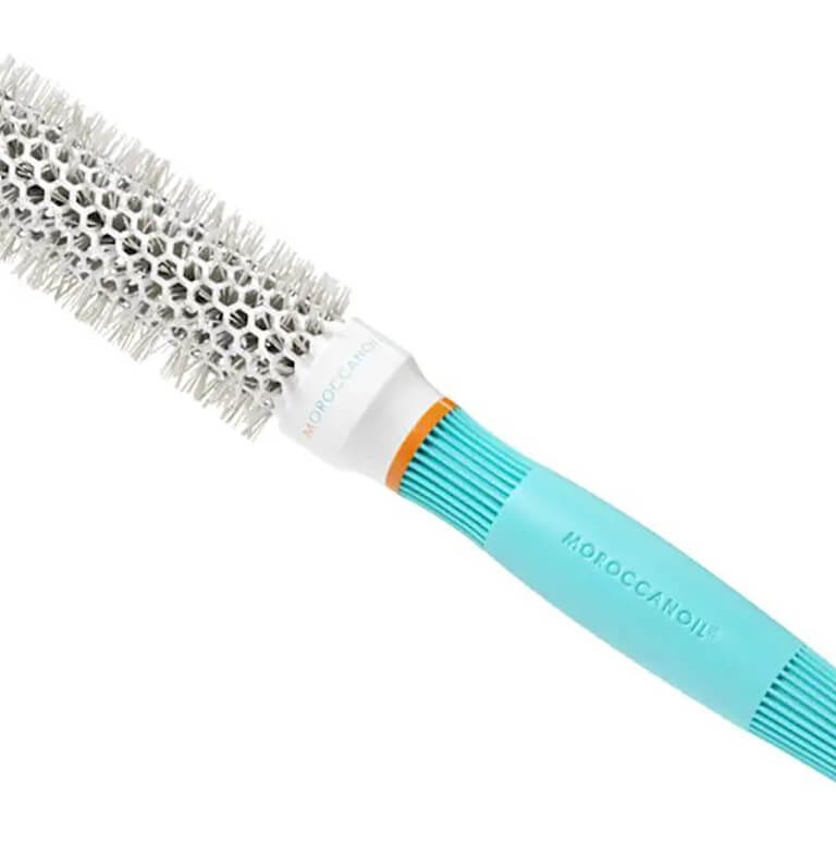 A hair brush with a blue handle and a white handle.