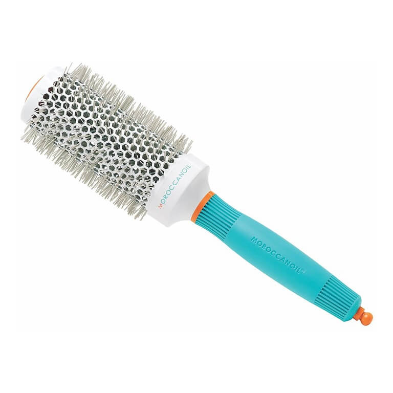 A blue and orange hair brush on a white background.