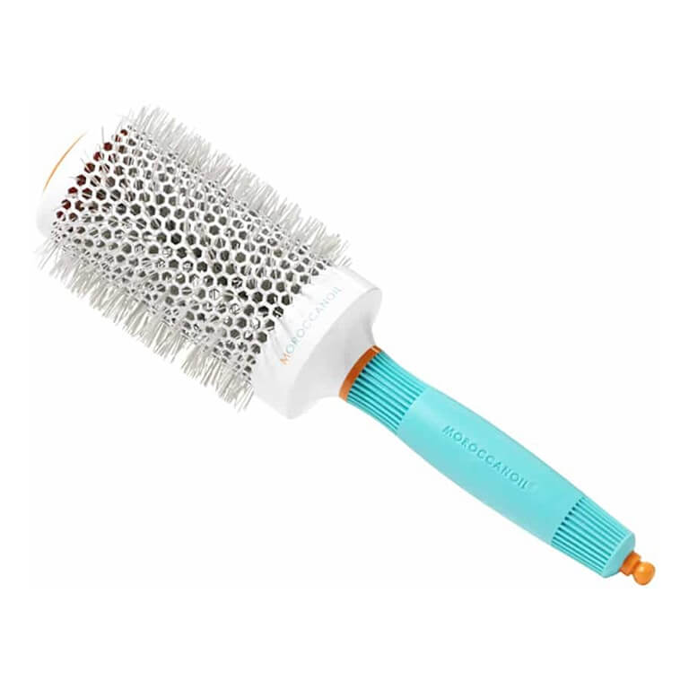 A hair brush with a blue and orange handle.