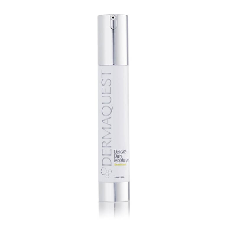 A bottle of Dermaquest - Delicate Daily Moisturiser 30ml from the Delicate Daily Moisturizer line on a white background.