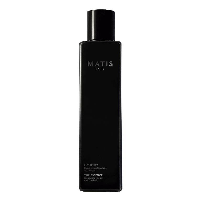 A bottle of black Matis - The Essence 200ml shampoo on a white background.