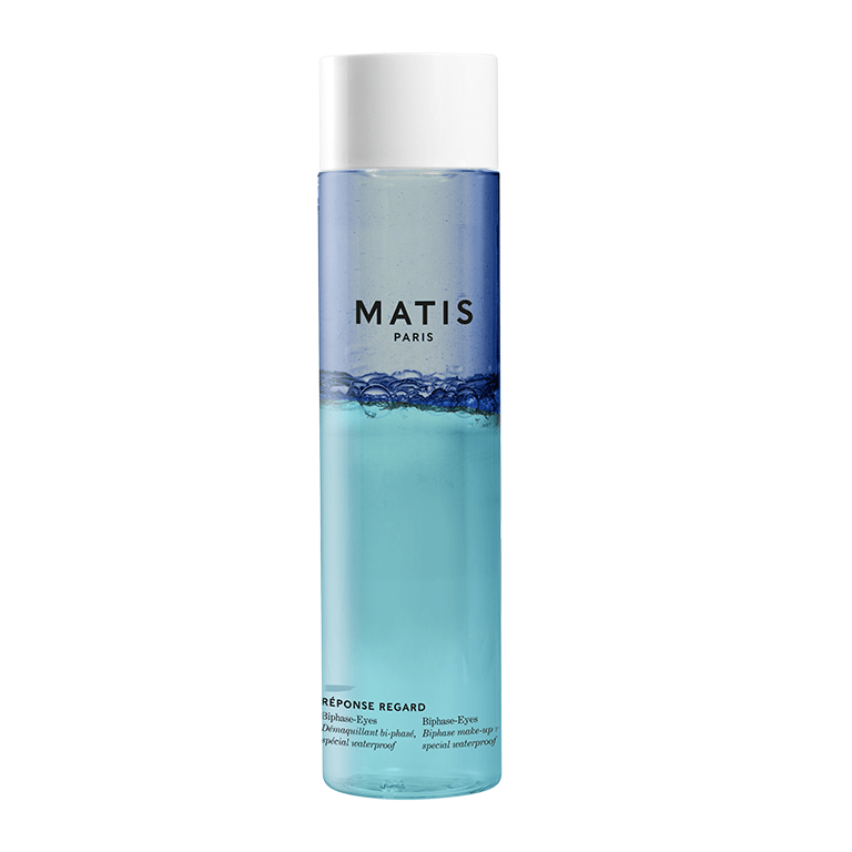 Matis - Biphase-Eyes 150ml face cleanser with blue water on a white background.