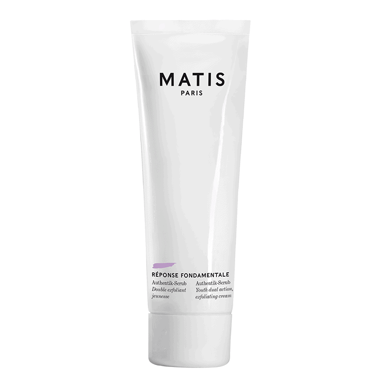 A tube of Matis - Authentik-Scrub 50ml facial cleanser on a white background.