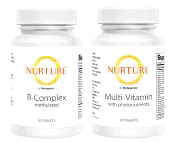 Two bottles of nuture b complex multivitamin.