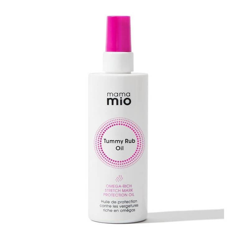 A pink Mama Mio - The Tummy Rub Oil 120ml bottle with a pink label on a white background.